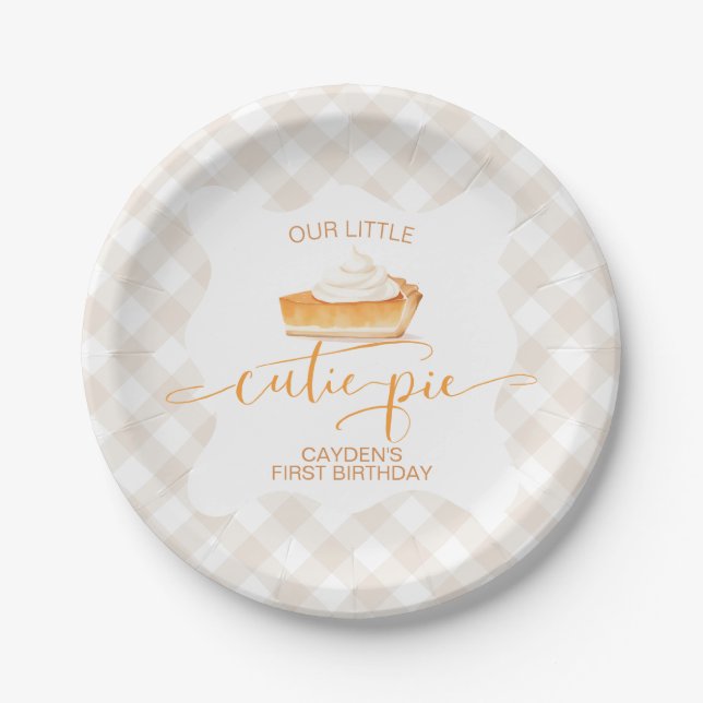 Cutie Pie pumpkin pie Fall plaid First Birthday Paper Plates (Front)
