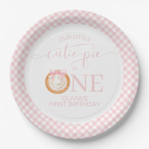 Cutie Pie pumpkin pie pink plaid First Birthday Paper Plates