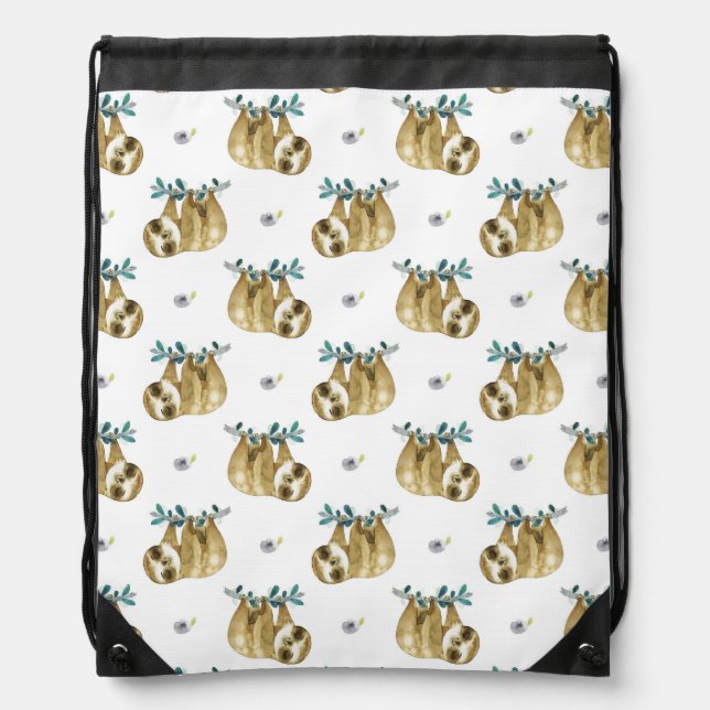 Cutie Pie Watercolor Sloth Pattern Drawstring Bag (Front)