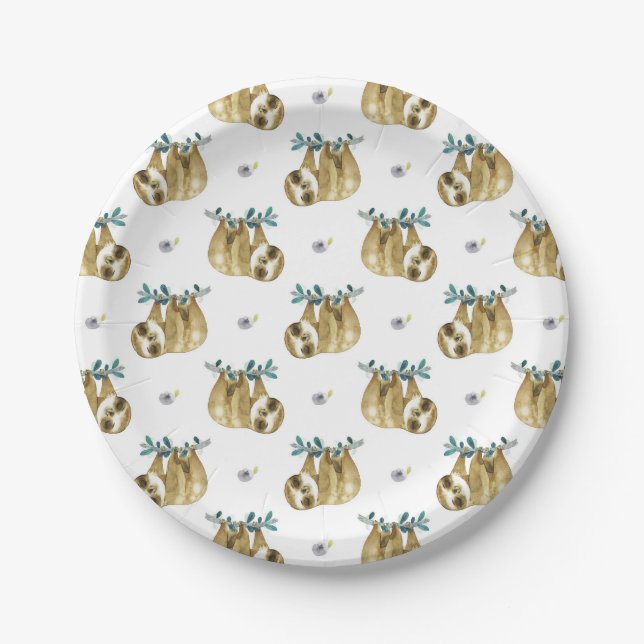 Cutie Pie Watercolor Sloth Pattern Paper Plates (Front)