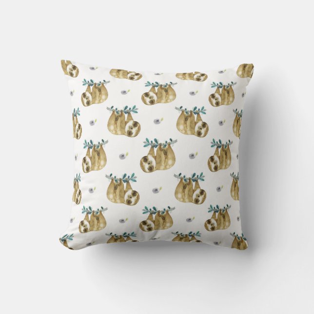 Cutie Pie Watercolor Sloth Pattern Throw Pillow (Front)