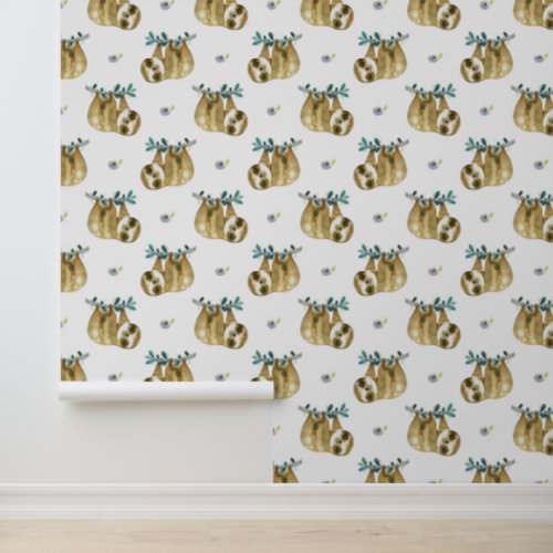 Cutie Pie Watercolor Sloth Pattern Wallpaper