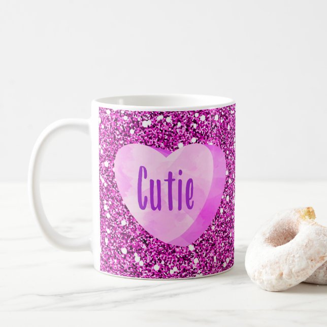 Cutie Pink Candy Heart Faux Glitter Coffee Mug (With Donut)