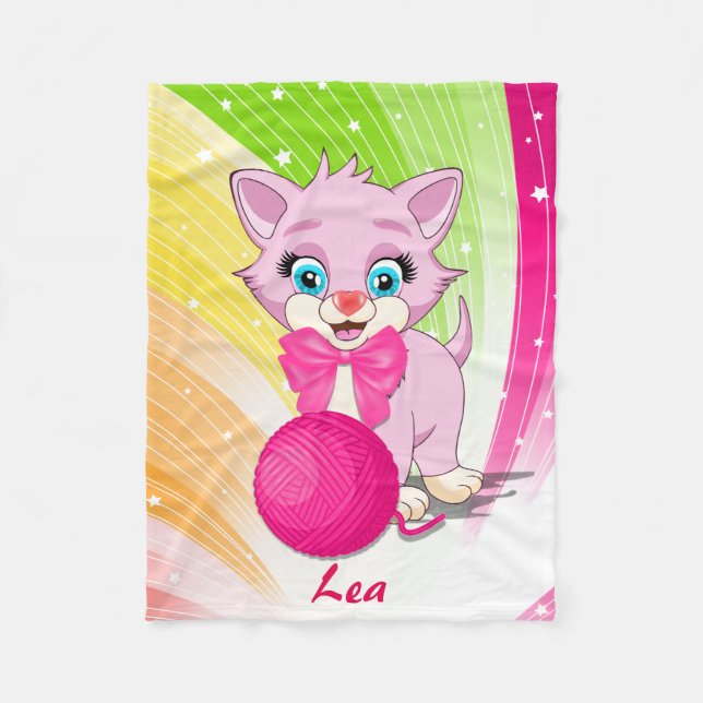 Cutie Pink Kitten Cartoon Fleece Blanket (Front)