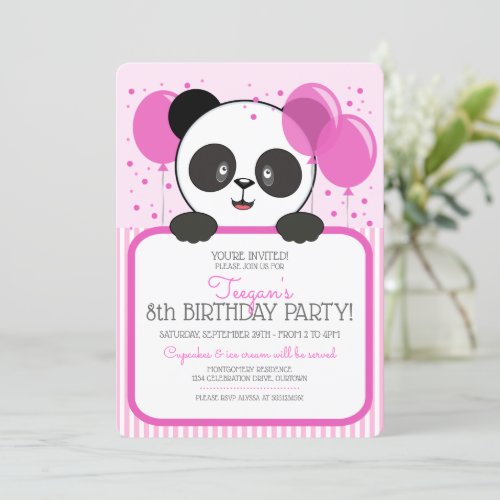 Cutie Pink Panda Birthday Party Invitations