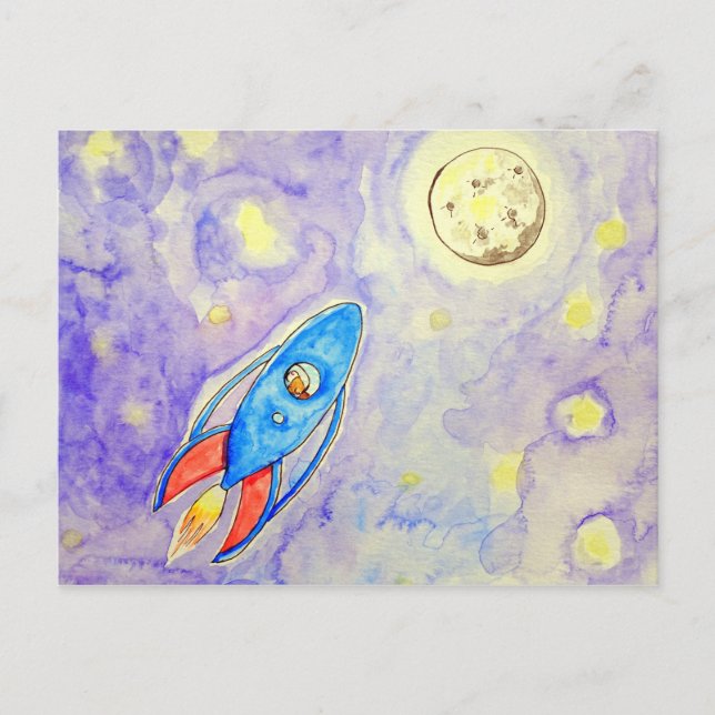 Cutie the Guinea Pig Rocketing to the Moon Postcard (Front)