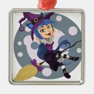Cutie Witch with broom Halloween Metal Ornament