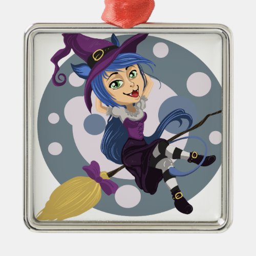 Cutie Witch with broom Halloween Metal Ornament