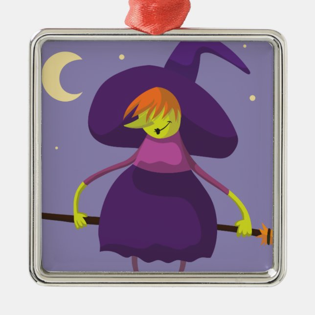 Cutie Witch with broom Halloween Metal Ornament (Front)