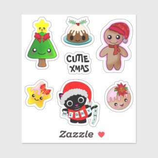 Cutie Xmas Cat Friendship Gingerbread Man Stars Sticker