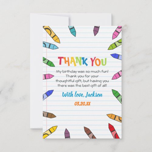 Cuties Crayon Art Paper Colorful Party Birthday Thank You Card