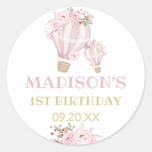 Cuties Flower Hot Air Balloon Girl 1st Birthday  Classic Round Sticker