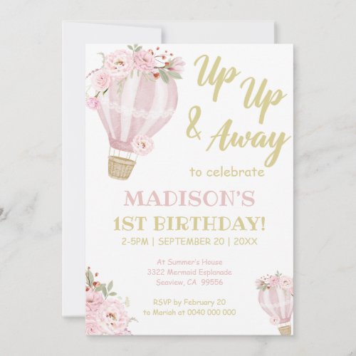 Cuties Flower Hot Air Balloon Girl 1st Birthday Invitation