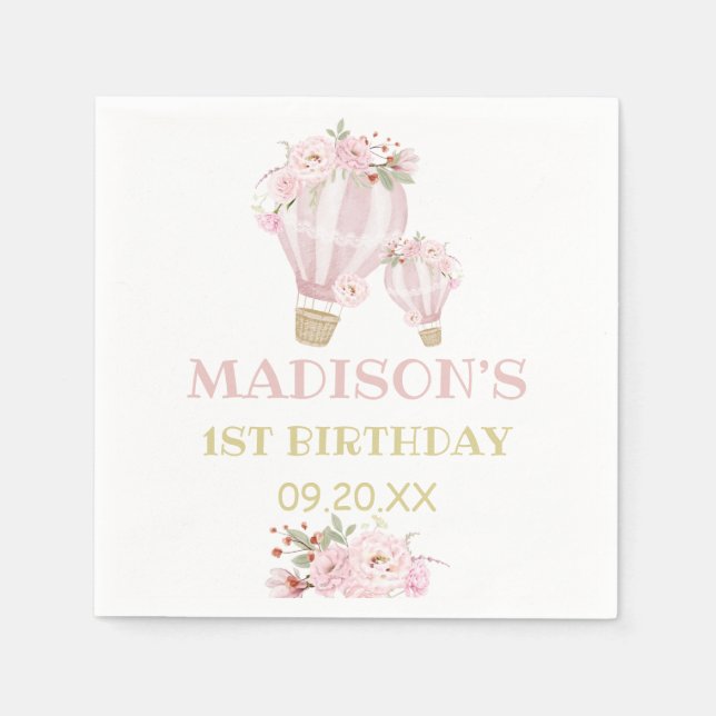 Cuties Flower Hot Air Balloon Girl 1st Birthday  Napkins (Front)
