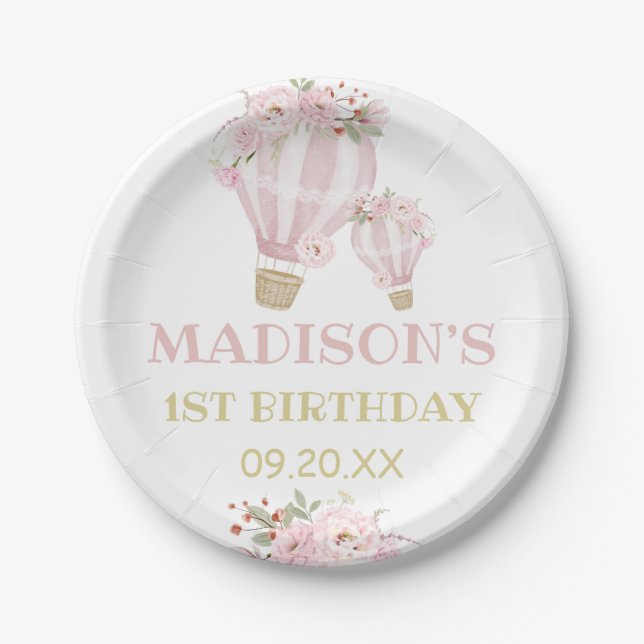 Cuties Flower Hot Air Balloon Girl 1st Birthday  Paper Plates (Front)