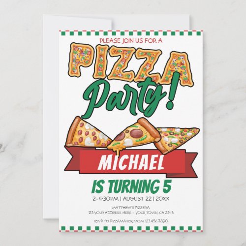 Cuties Pizza Party Red Green Caro 5th Birthday Invitation
