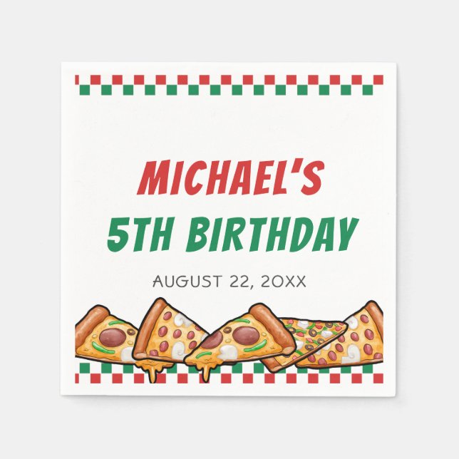 Cuties Pizza Party Red Green Caro 5th Birthday Napkins (Front)