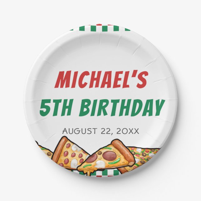 Cuties Pizza Party Red Green Caro 5th Birthday Paper Plates (Front)