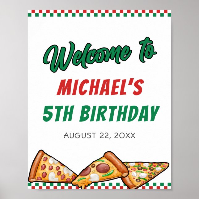 Cuties Pizza Party Red Green Caro 5th Birthday Poster (Front)