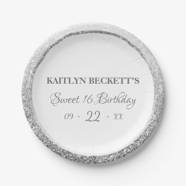 Cuties Sweet 16 Silver Glitter Elegant Birthday  Paper Plates (Front)
