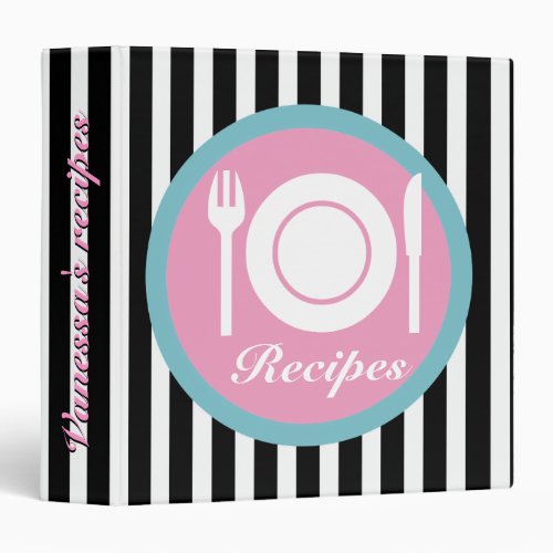 Cutlery and plate on black white stripes recipe binder