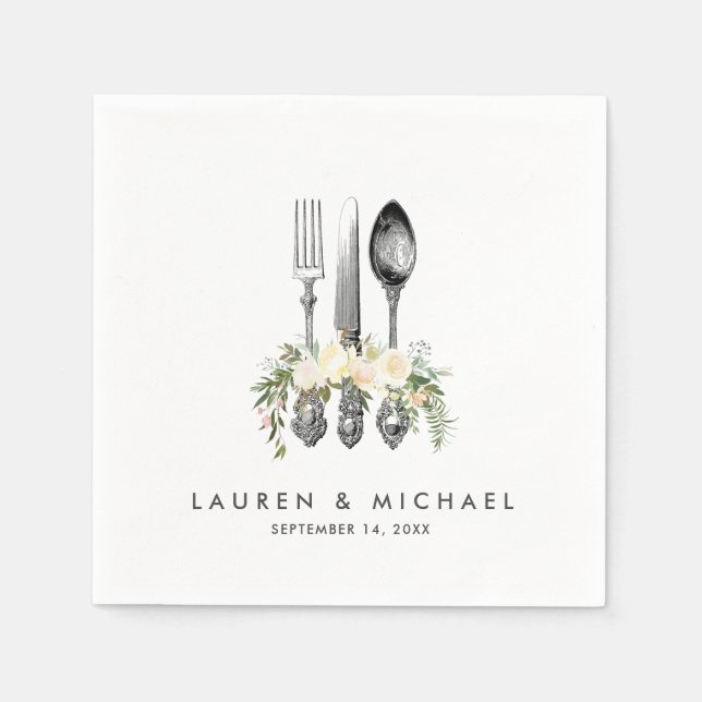 cutlery ivory floral greenery wedding napkins (Front)
