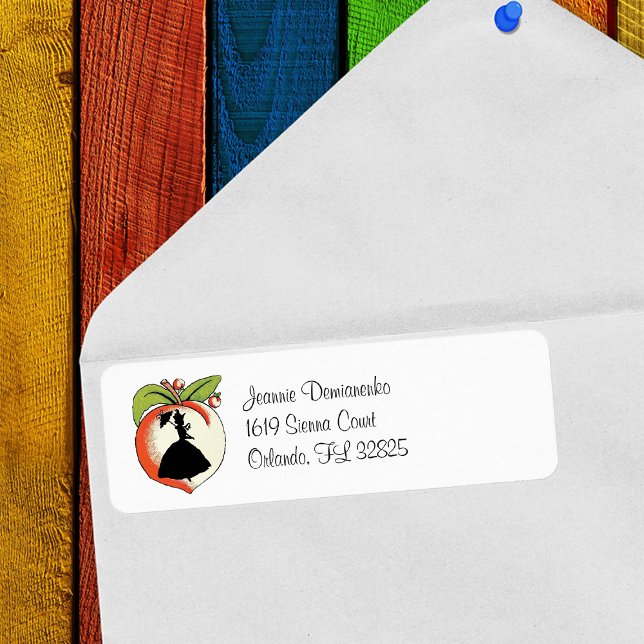 Cutomized Peach Southern Belle Label (Silhouette of Southern Bell on a big Georgia peach with leaves on white return address labels.)