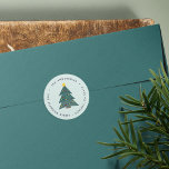 Cutout Christmas Tree | Holiday Return Address Classic Round Sticker<br><div class="desc">Add festive cheer to your Christmas season mailings with our monogram return address labels. Pale green 1.5" stickers feature your name and return address curved around a lit Christmas tree illustration in a paper cutout style.</div>