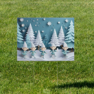 Cutout Elves in the Snow Christmas Outdoor Yard Sign