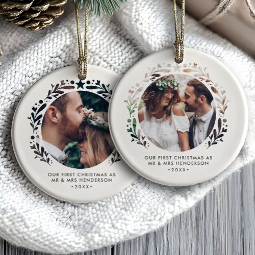 Cutout Framed 2-Photo First Christmas As Mr &amp; Mrs Ceramic Ornament