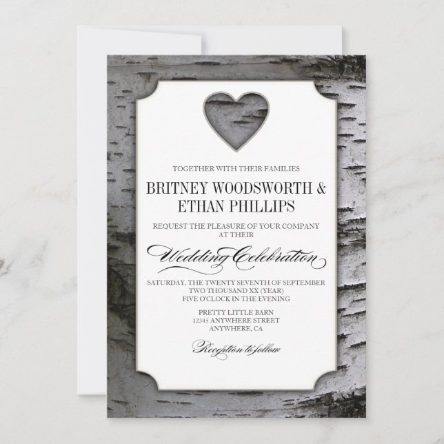 Cutout Heart Birch Tree Bark Wedding Invitations (Front)