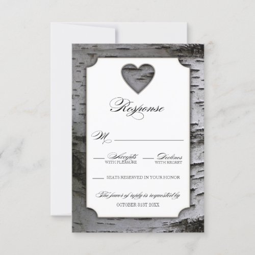 Cutout Heart Birch Tree Bark Wedding RSVP Cards