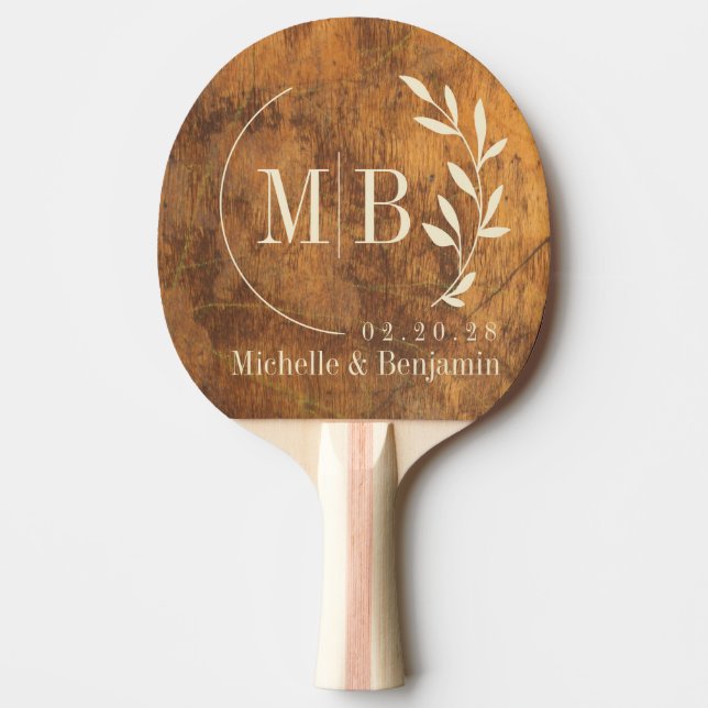 Cutting Block Leaf Wedding Monogram Ping Pong Paddle (Front)