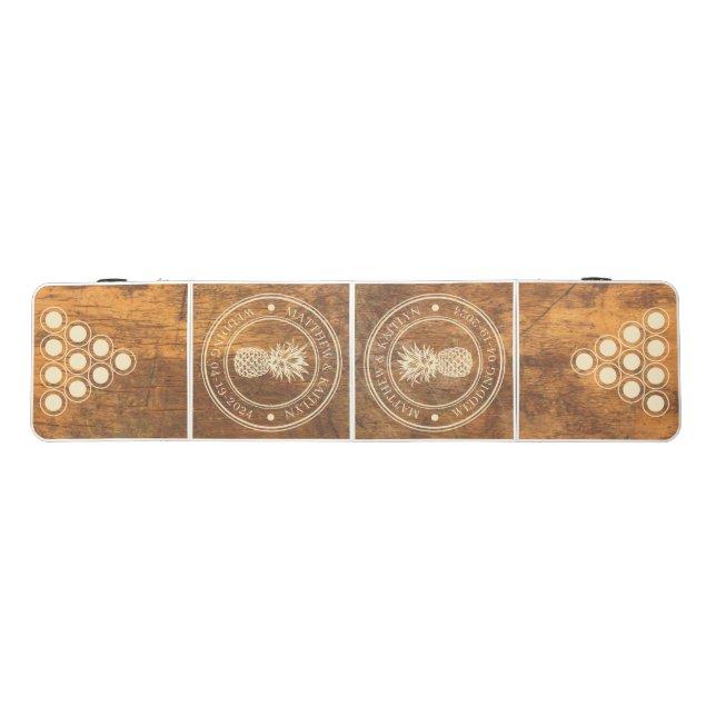 Cutting Block Pineapple Wedding Crest & Names Beer Pong Table (Top)
