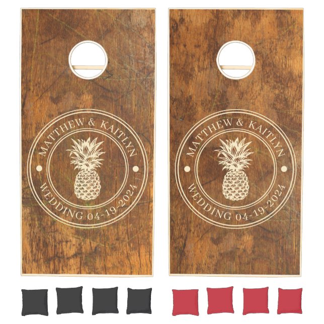Cutting Block Pineapple Wedding Crest & Names Cornhole Set (Set)
