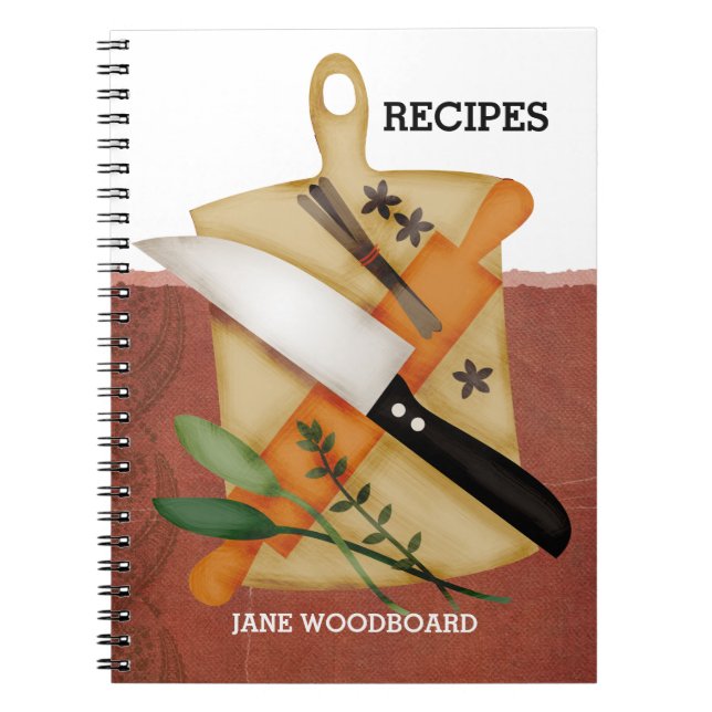 Cutting board chefs knife rolling pin herbs spices notebook (Front)