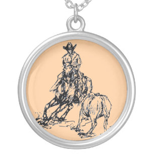Cutting Horse Western Sketch Design Silver Plated Necklace