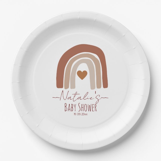 Cuty rainbow with heart modern baby shower pink paper plates (Front)