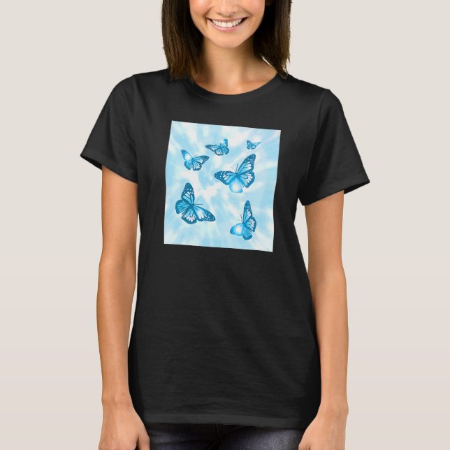 Cyan Aesthetic Pastel Butterfly And Blue Tie Dye T-Shirt (Front)