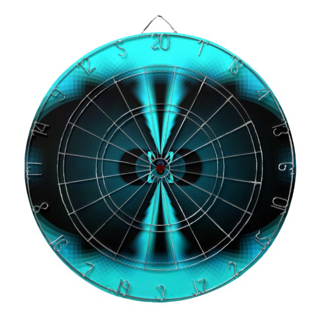 Cyan and Black Abstract Art Print Dartboard With Darts (Front)
