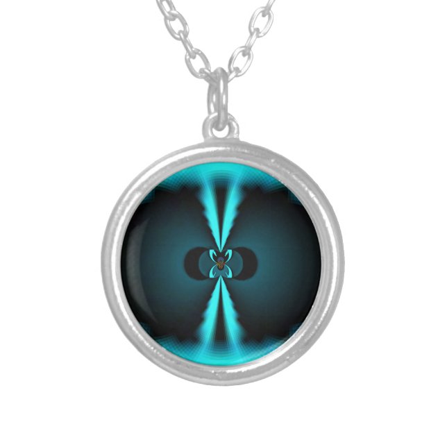 Cyan and Black Abstract Art Print Silver Plated Necklace (Front)