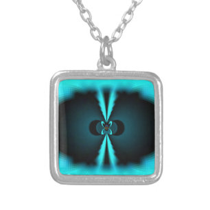 Cyan and Black Abstract Art Print Silver Plated Necklace