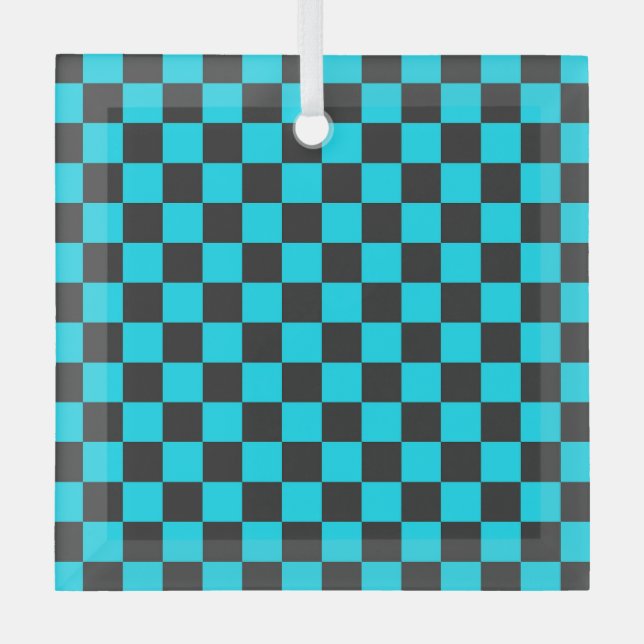 Cyan and charcoal checkerboard pattern glass ornament (Front)