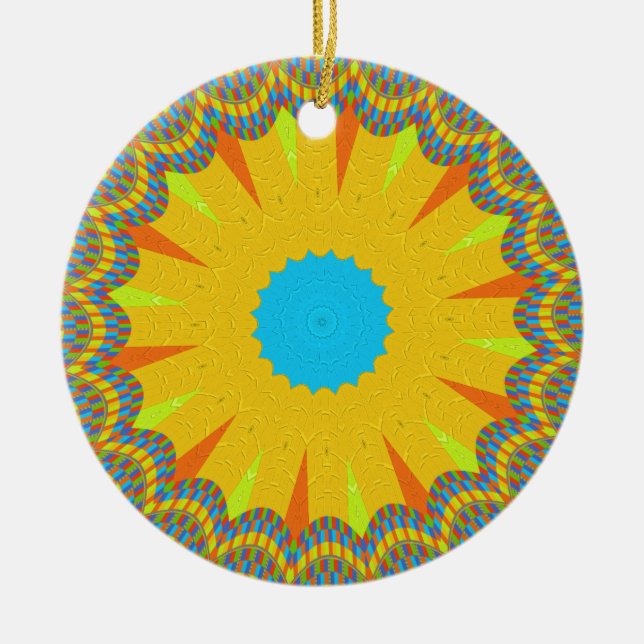 Cyan and Gold Mandala Art Print Ceramic Ornament (Front)
