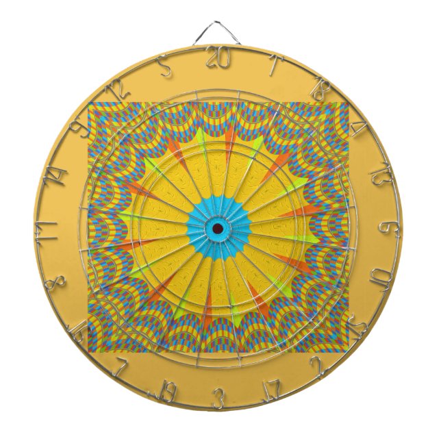 Cyan and Gold Mandala Art Print Dartboard With Darts (Front)