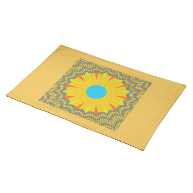 Cyan and Gold Mandala Art Print Placemat (On Table)