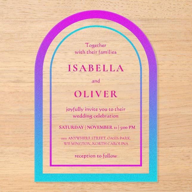 Cyan and magenta gradient elegant wedding acrylic invitations (Front)