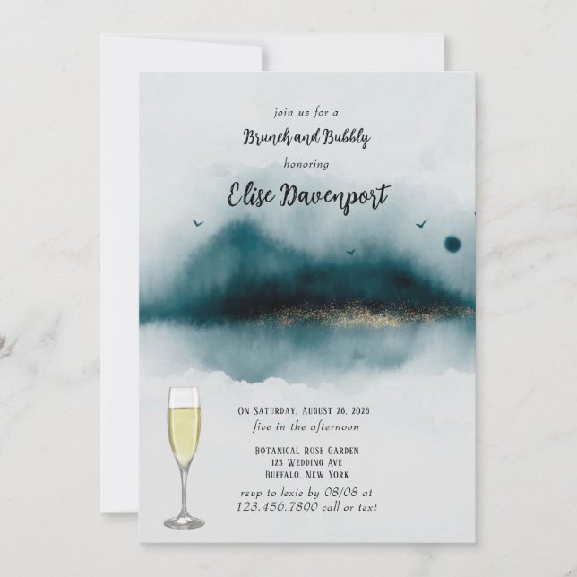 Cyan Beach And Gold Flecks Brunch and Bubbly Invitation (Front)