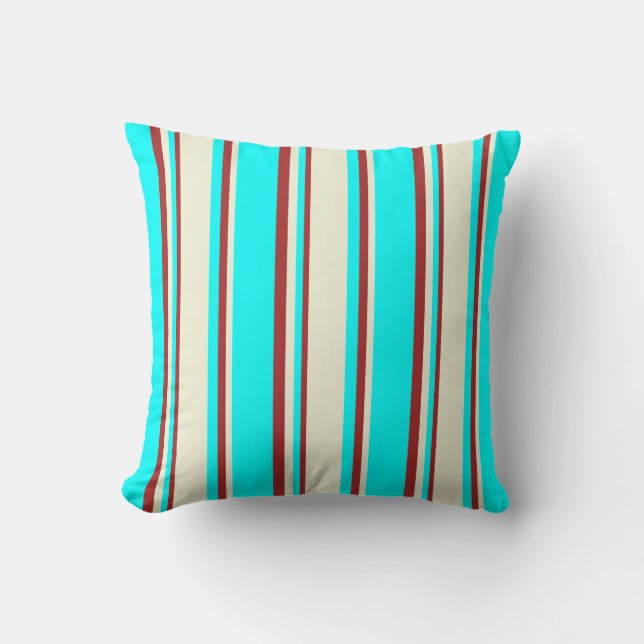 Cyan, Beige, and Brown Striped Pattern Pillow (Front)