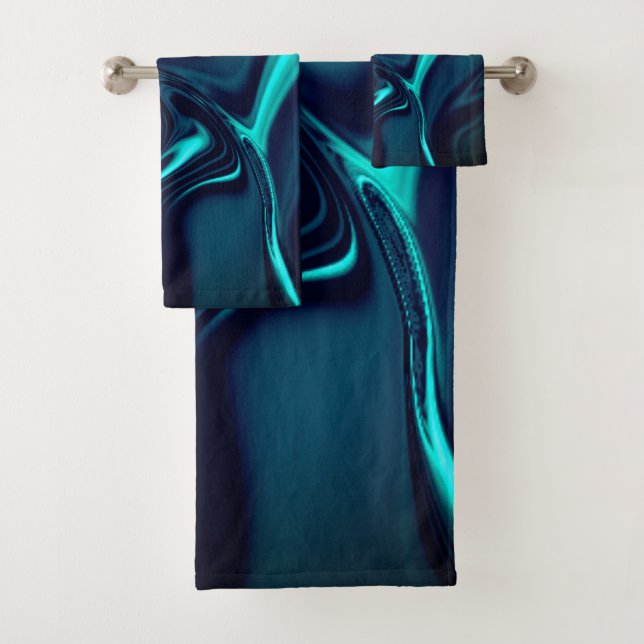 Cyan bend on dark blue background bath towel set (Insitu)